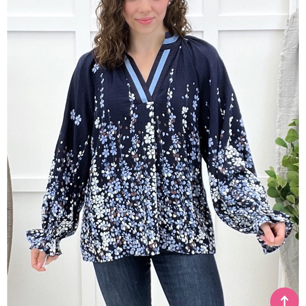 Umgee Field Of Flowers Small Top Navy Blue